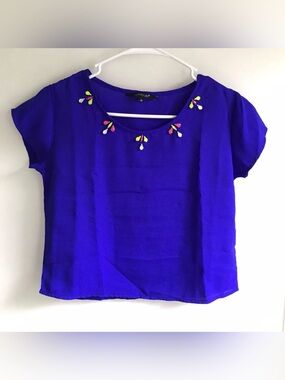 Globus Bright Royal Blue Short Sleeve crop Top with beaded Embellishments